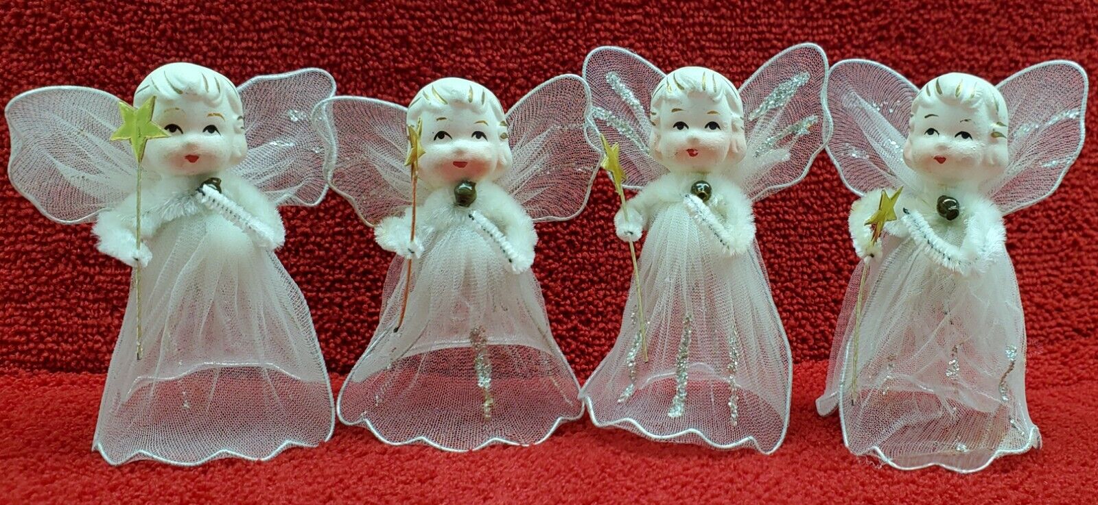 Vintage Mid-century Holt Howard 4 Angel Tulle Chenille Christmas Ornaments 1950s