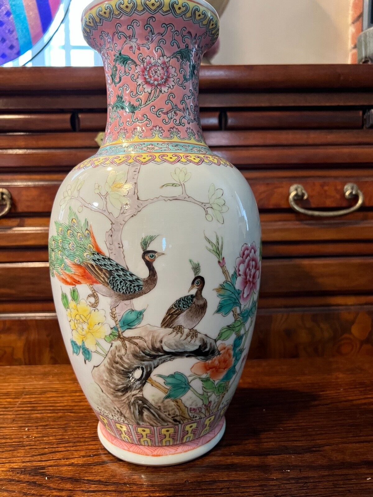  Vintage Chinese Jingdezhen Porcelain Famille Rose Peacock & Floral Vase, 14\