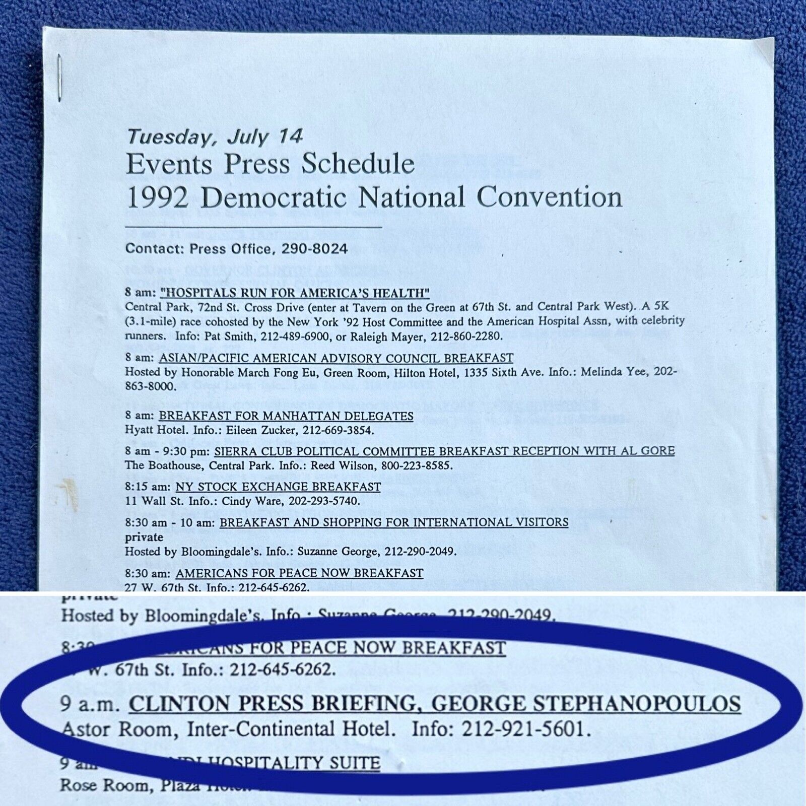 1992 Democratic National Convention / Official Press Schedule / Bill Clinton