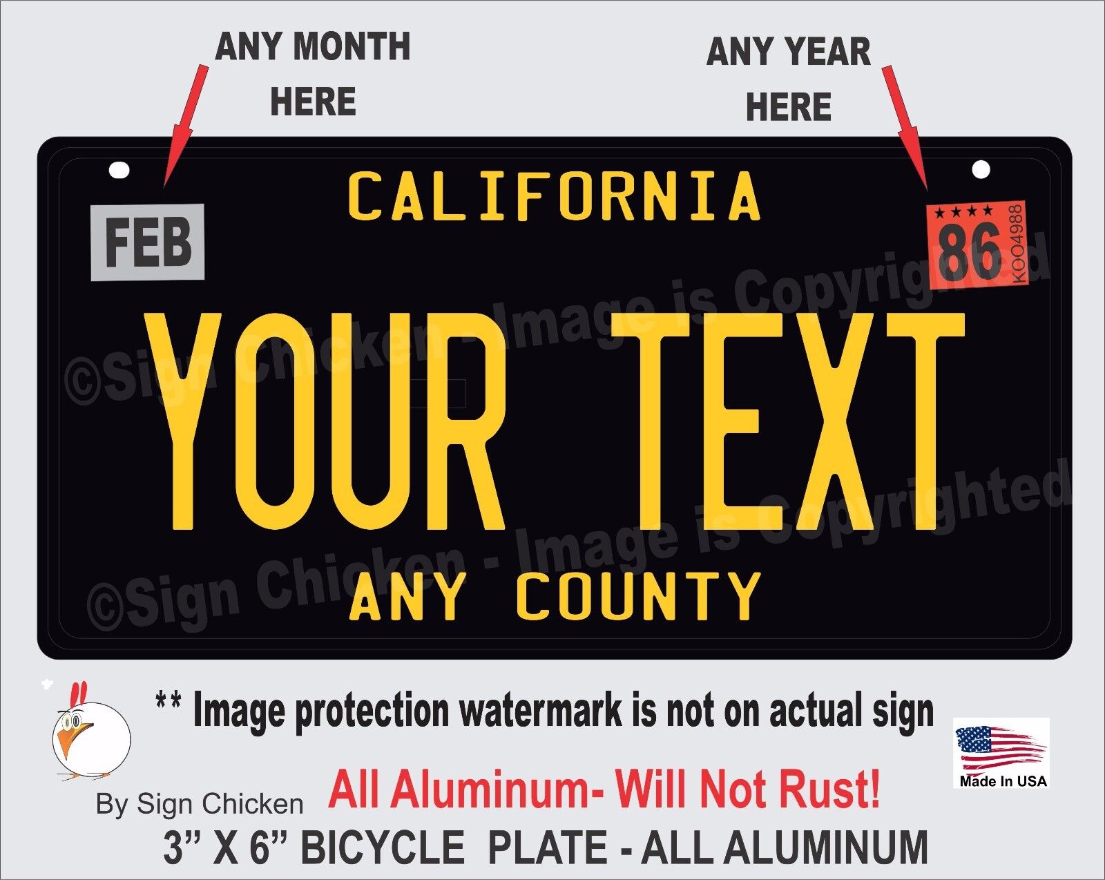 California Black YOUR TEXT Personalized Custom Aluminum License Plate BICYCLE