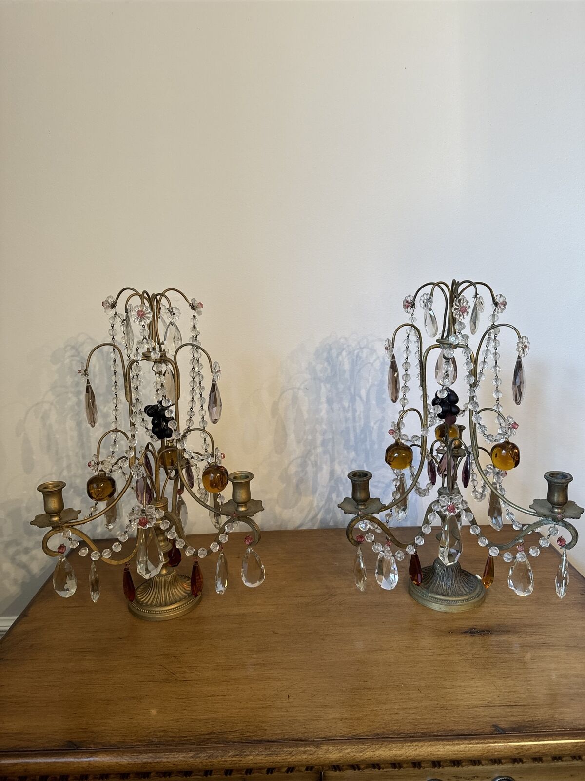 Pair Old Vintage French Girandoles Candleholders Crystal Prisms & Fruit
