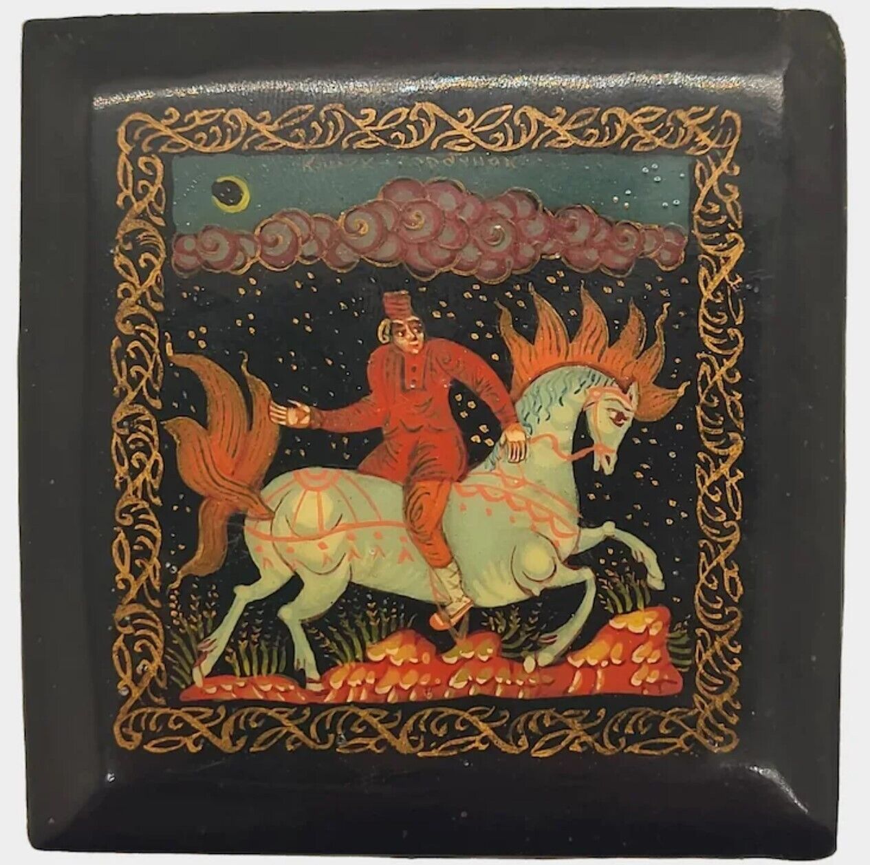 Vintage Hand Painted Horse Russian Lacquered Small Hinged Trinket Dresser Box