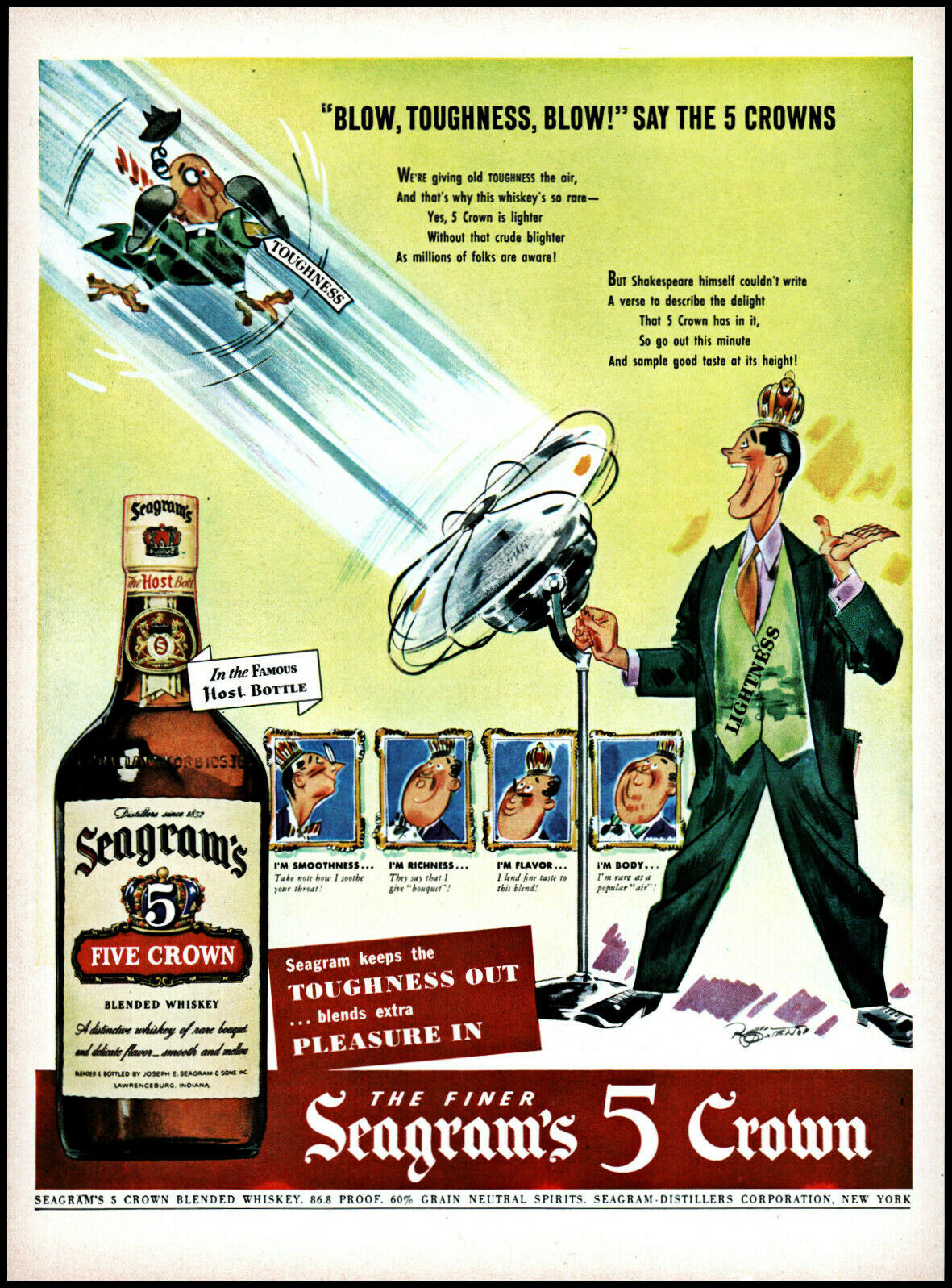 1943 Seagram\'s 5 Crown Whiskey large fan blow tough vintage art print ad adL27