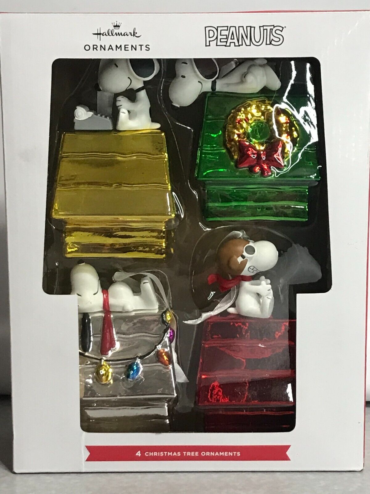 Hallmark Ornaments Peanuts Snoopy Glass Holiday Dog Houses Set Of 4