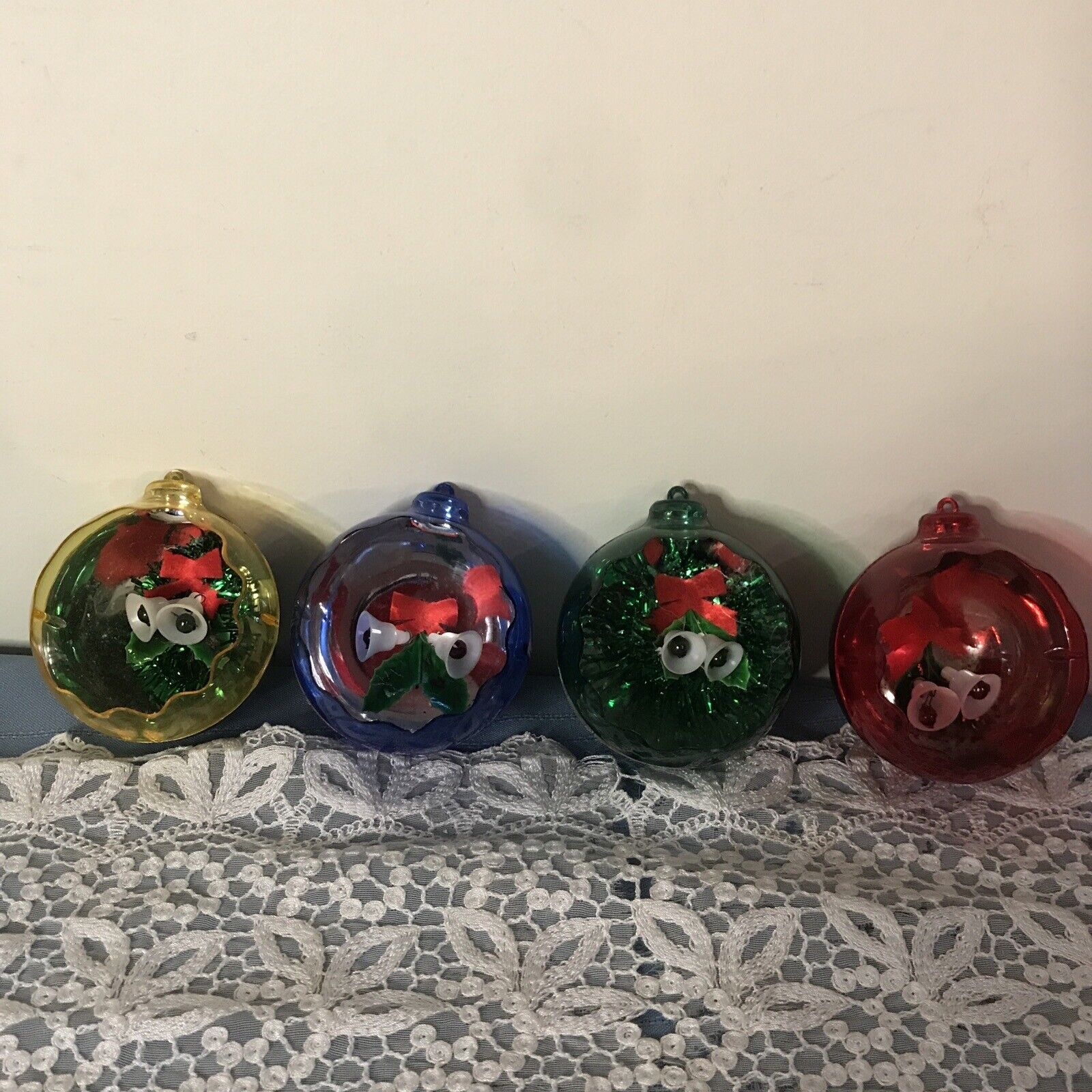 Lot/4 Vintage Jewel Brite MCM Plastic Christmas Bell Indent Diorama Ornaments 3”