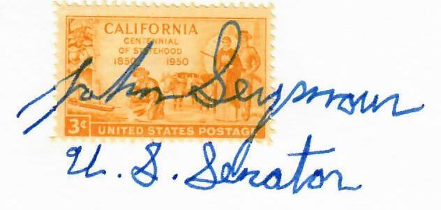 “California Senator” John Seymour Signed 3X5 Card W/ Rare Stamp COA