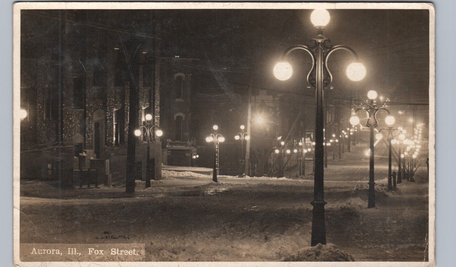 FOX STREET AT NIGHT aurora il real photo postcard rppc illinois history