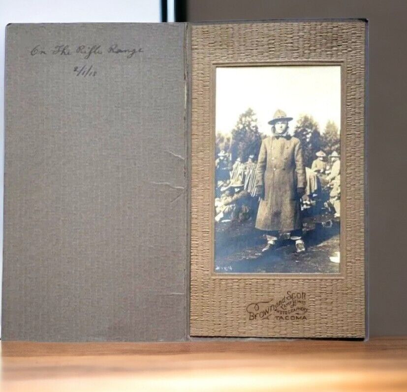 WWI Soldier in Uniform & Coat on Rifle Range Military Photo Personalized Dated