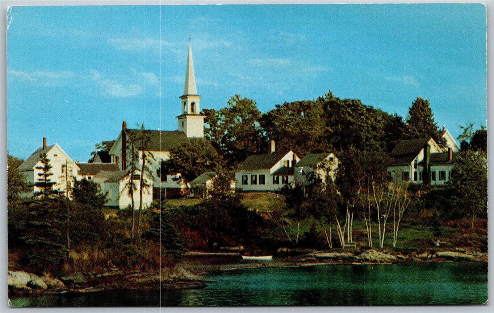 Vtg East Boothbay Maine ME The Old Mill Cove Church Homes Chrome View Postcard