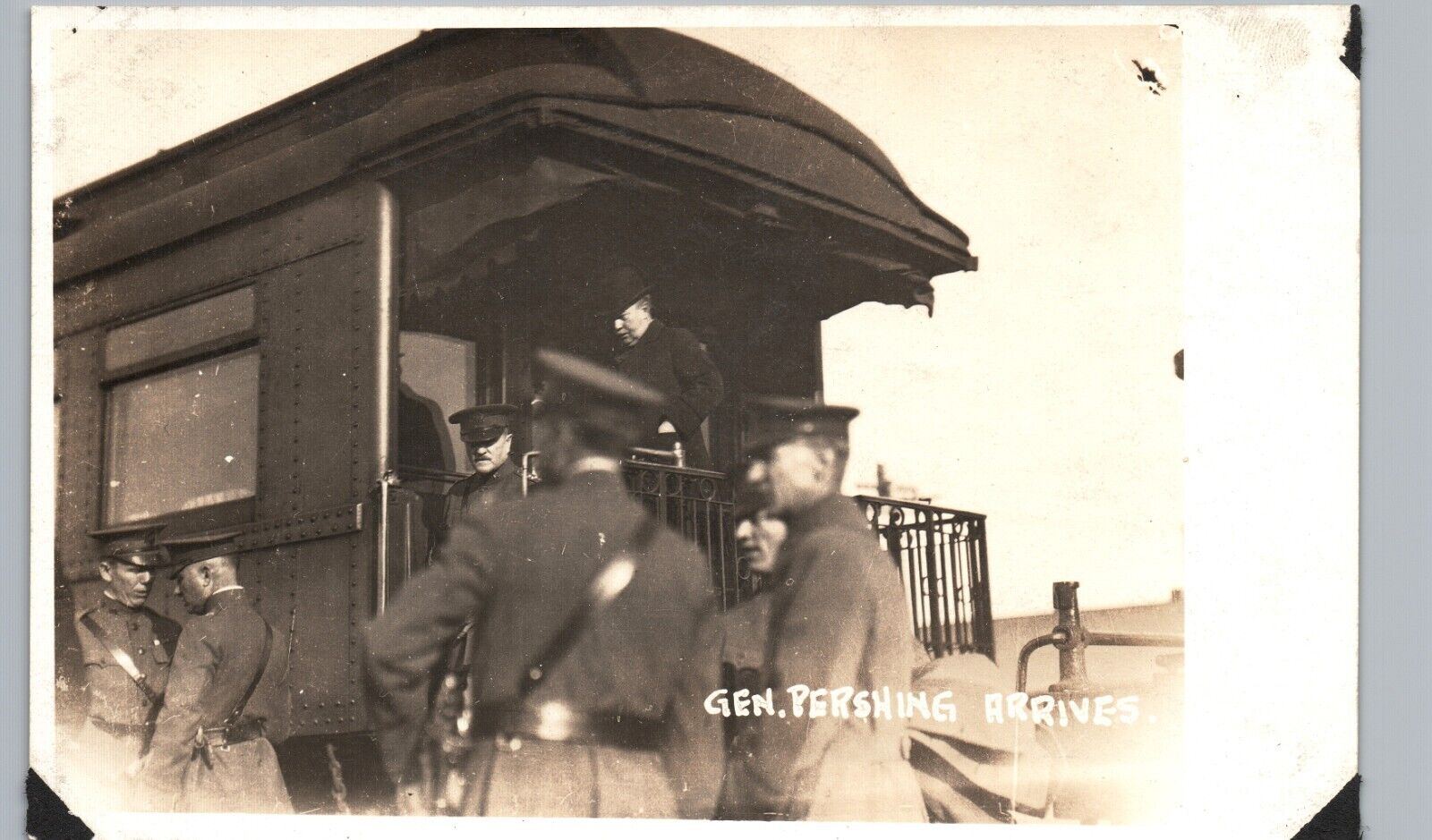 GENERAL PERSHING ARRIVES ON TRAIN fort sill ok real photo postcard rppc oklahoma