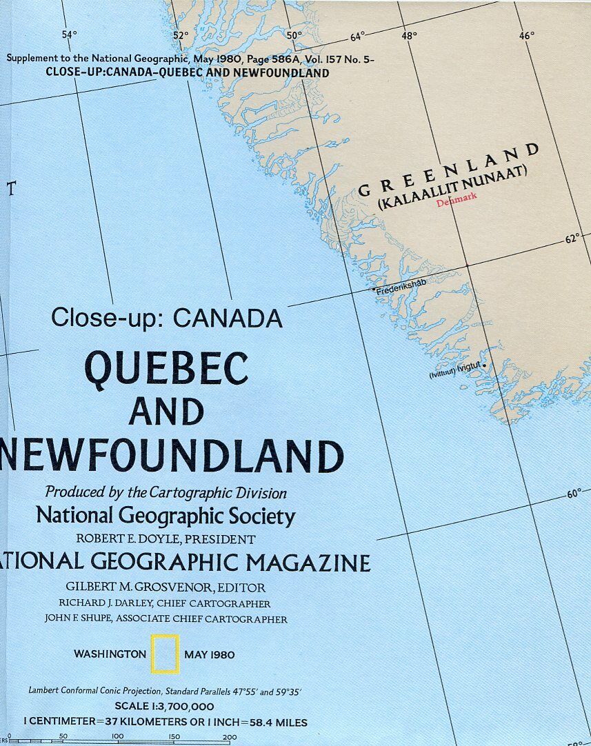 NATIONAL GEOGRAPHIC map only MAY 1980 QUEBEC AND NEWFOUNDLAND birthdays 
