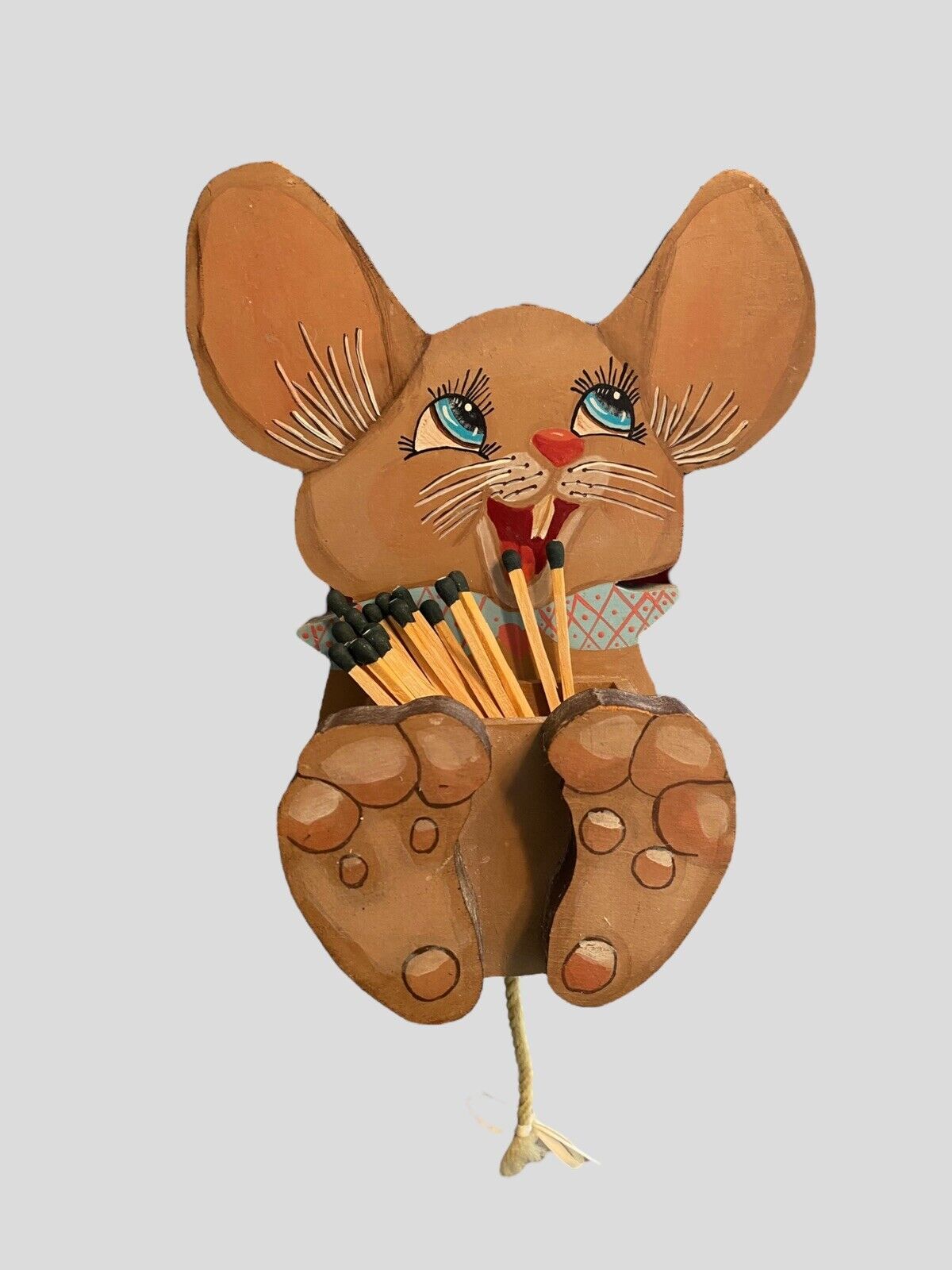 Vintage Wood Anthropomorphic Mouse Match Holder Wall Hanging Kitchen
