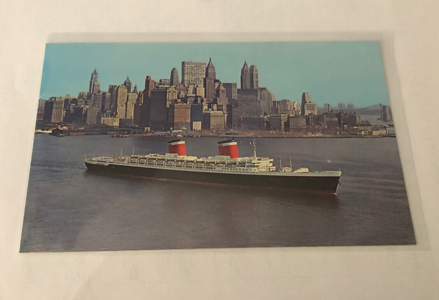 Postcard United States Superliner Ship New York NY Harbor Manhattan Skyline OLD