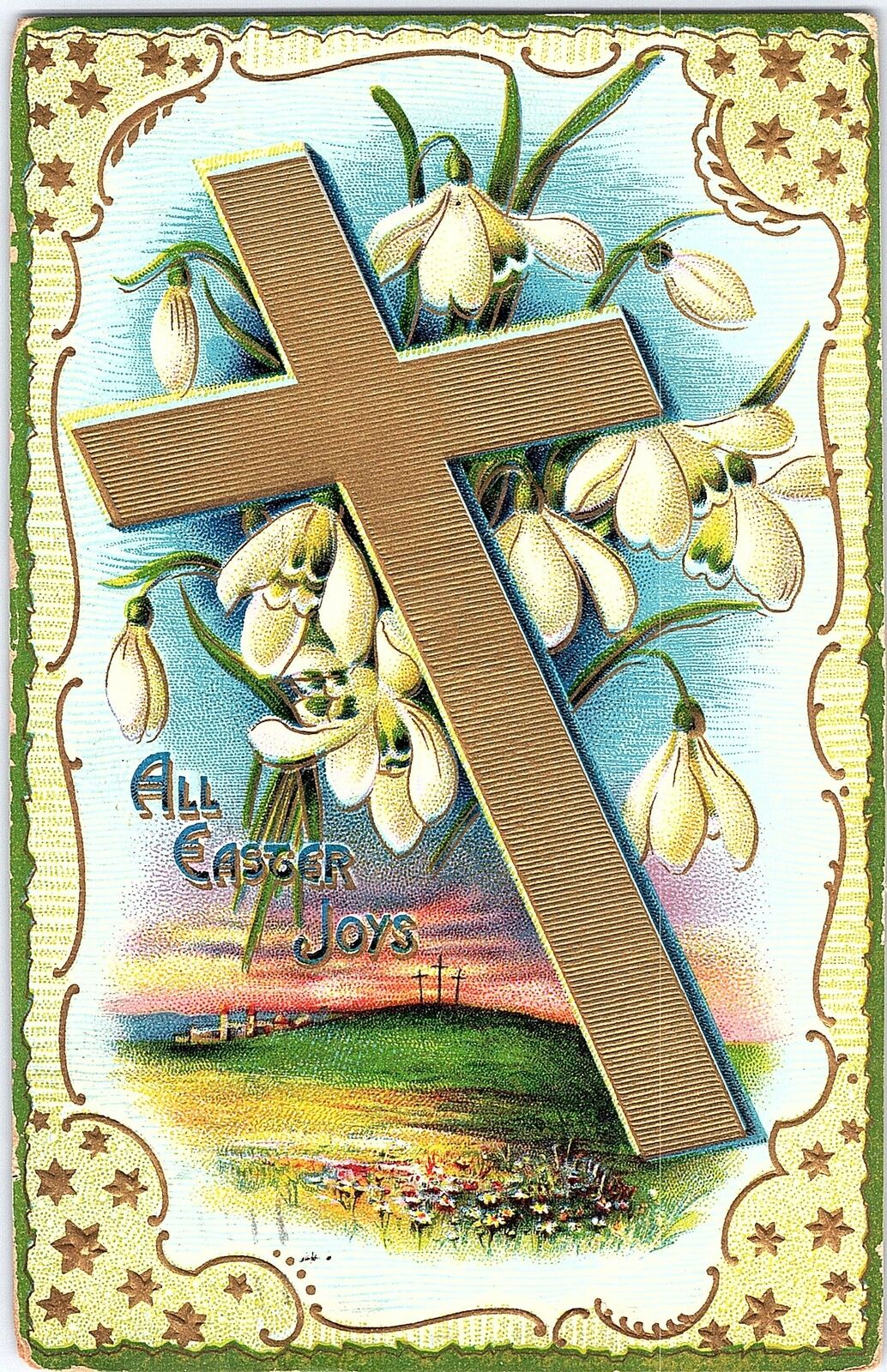C1911 Easter Postcard Germany Cross Flowers Sunrise Embossed Post Detroit 1911