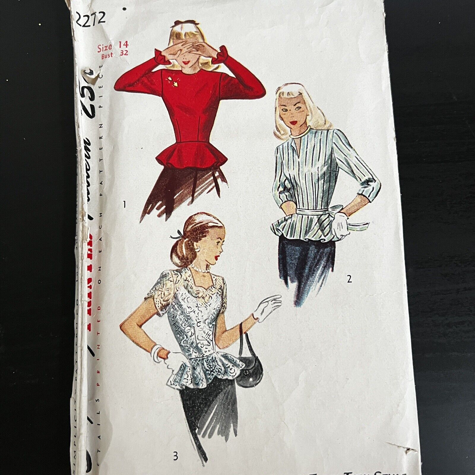 Vintage 1940s Simplicity 2272 Dart Fitted Peplum Blouse Sewing Pattern 14 XS CUT