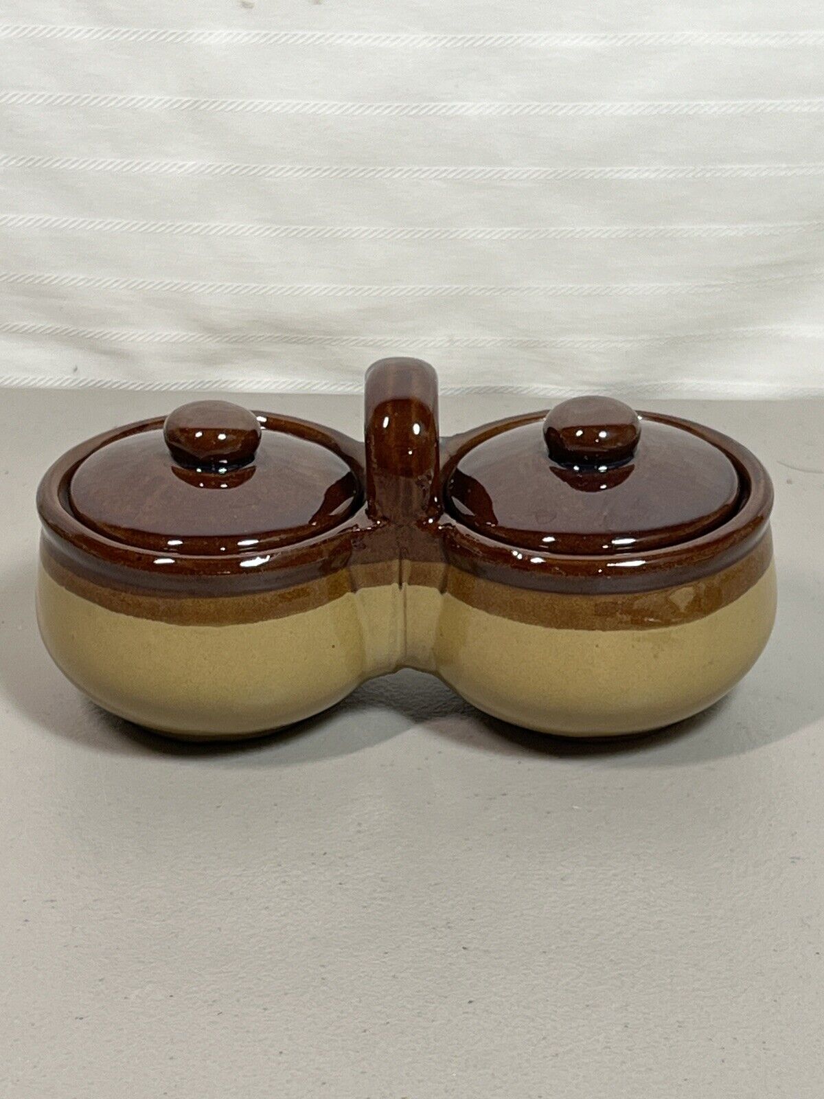 Vintage Stoneware Pottery Twin Serving Set Dark Brown Tan