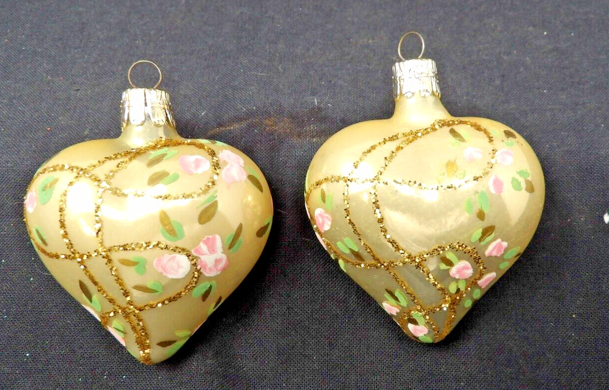 2 Vintage Heart Shaped Blown Glass Christmas Ornaments - Czech Republic 2 3/4\