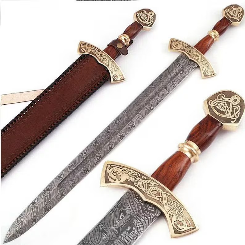 EGKH Damascus Viking Sword - Hand Made with Genuine Leather Scabbard & Shoulder