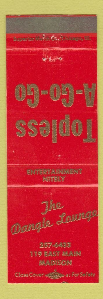 Matchbook Cover - The Dangle Lounge Strip Club Madison WI