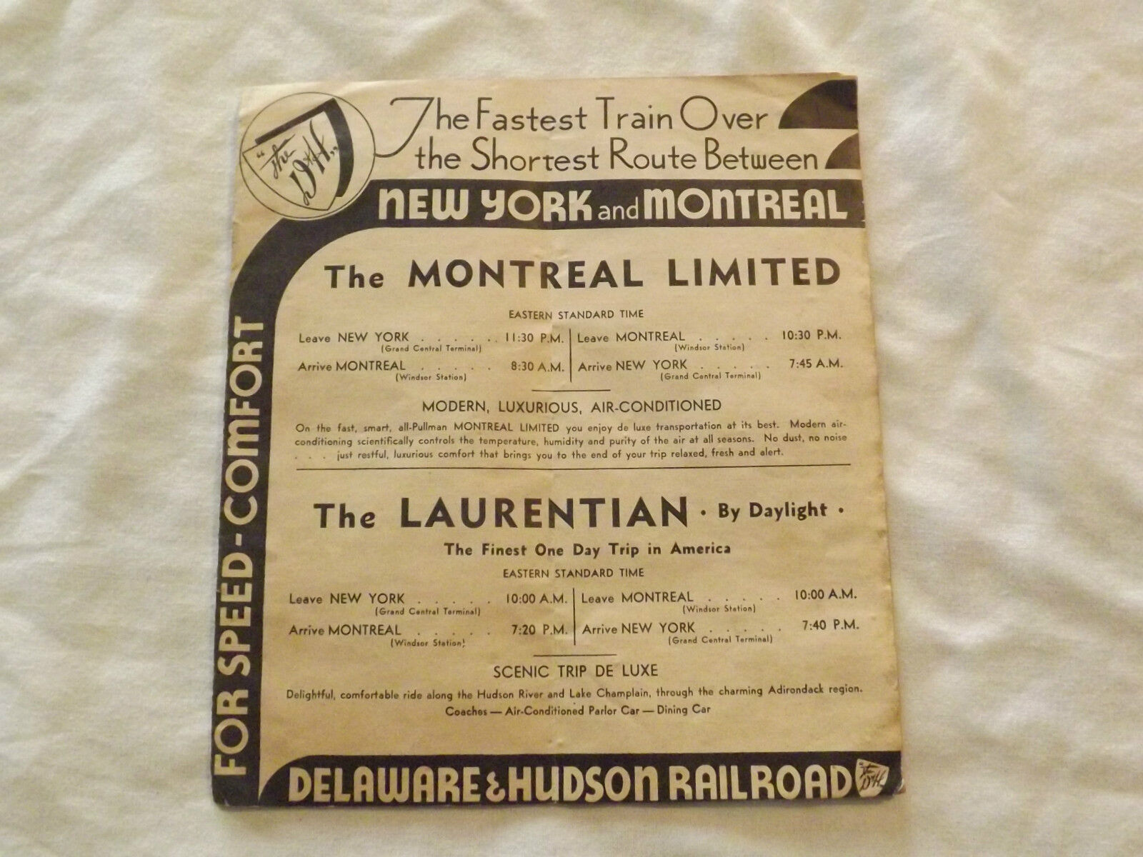 VINTAGE 1939 D & H DELAWARE & HUDSON RAILROAD NY   TRAIN TIMETABLE BROCHURE 