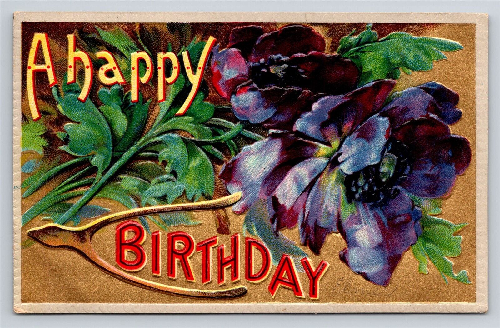 A Happy Birthday Antique Postcard Wishbone & Dark Purple Flowers 1900s