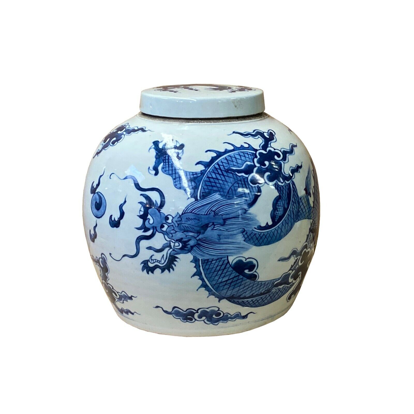 Chinese Blue & White Dragon Graphic Porcelain Ginger Jar ws1238