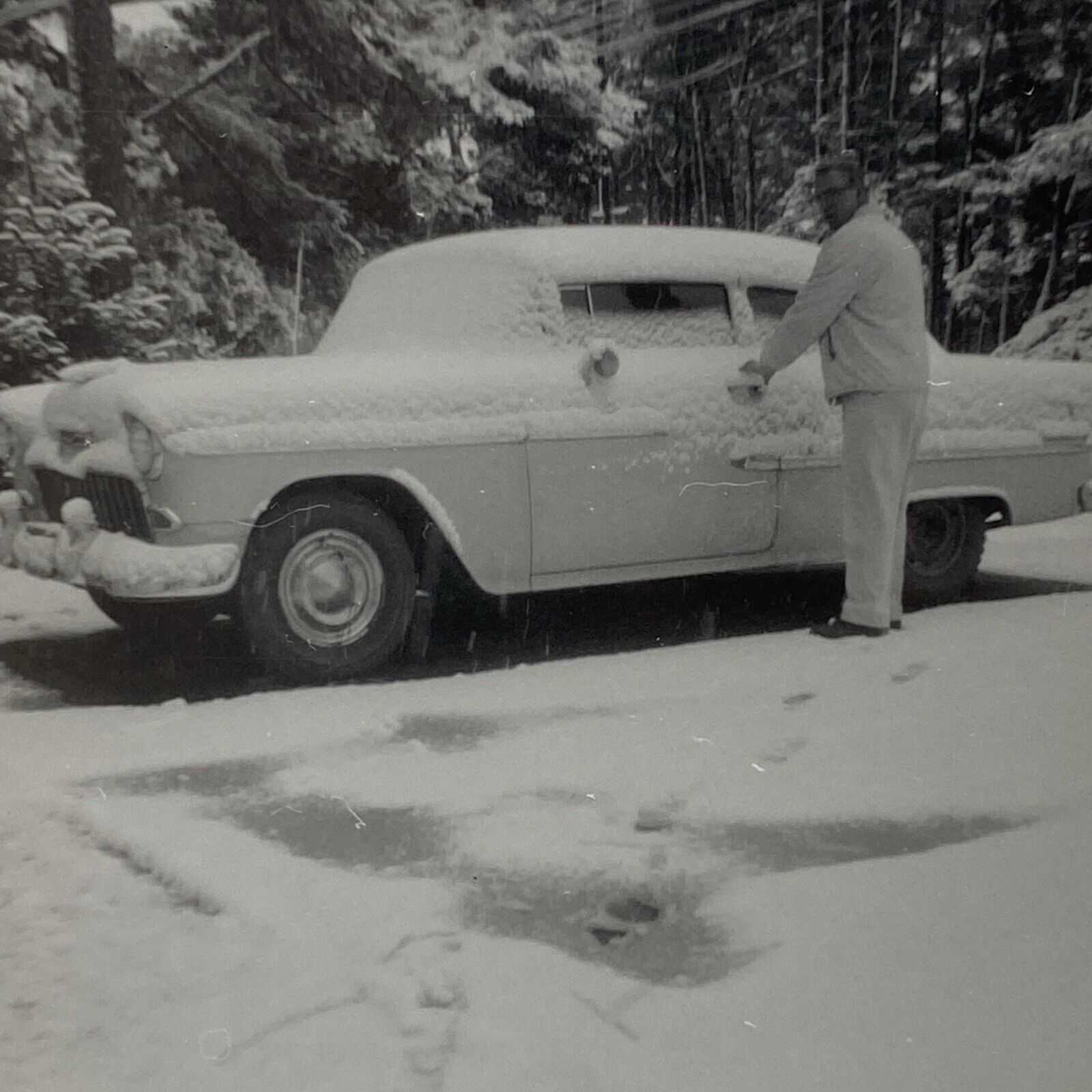 Vintage Photo 1962 Classic Car Man Posed Winter Snowy “ Larry And His Car “