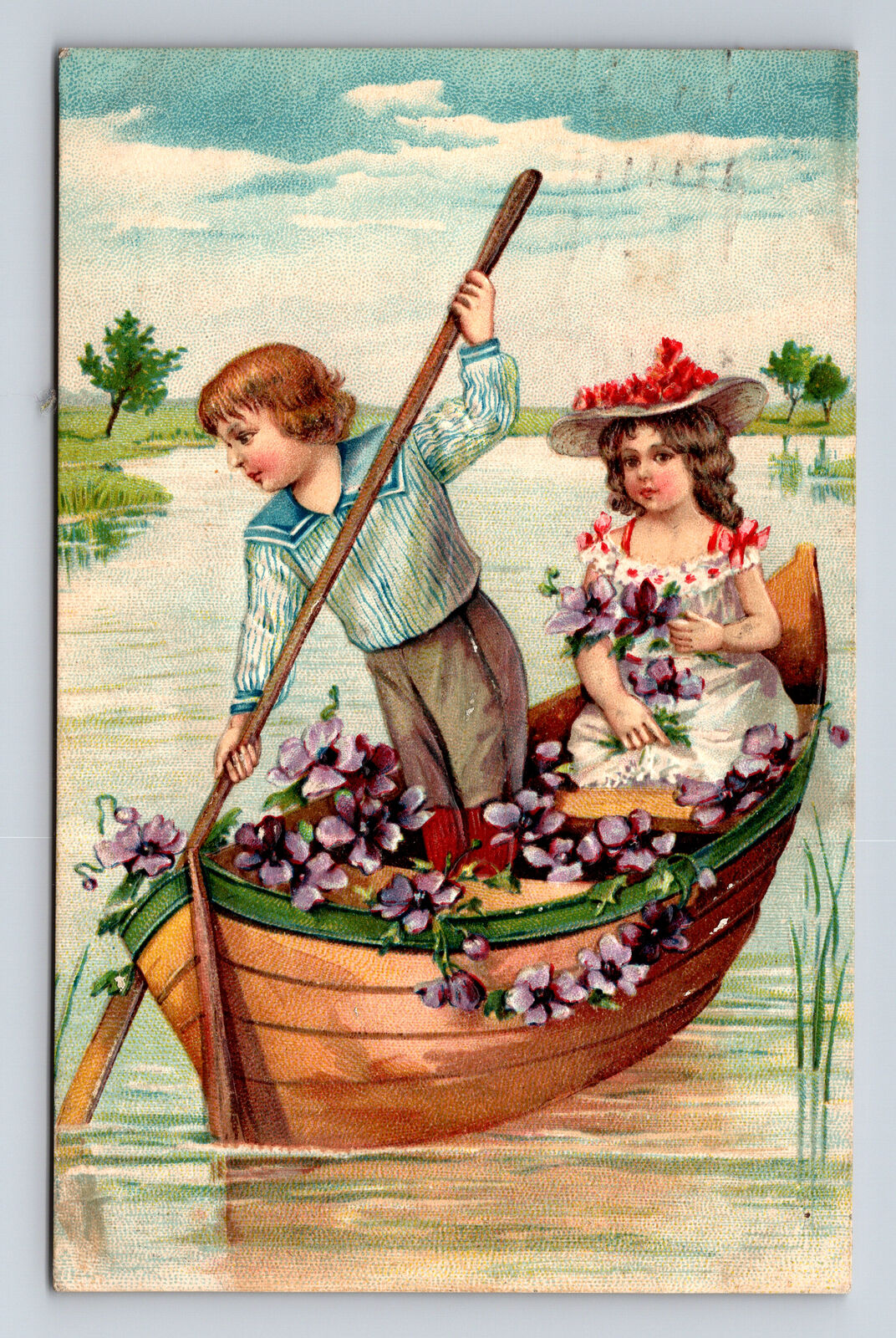 1910 Romance Artist Unknown Boy & Girl Row Boat Flowers Love Postcard