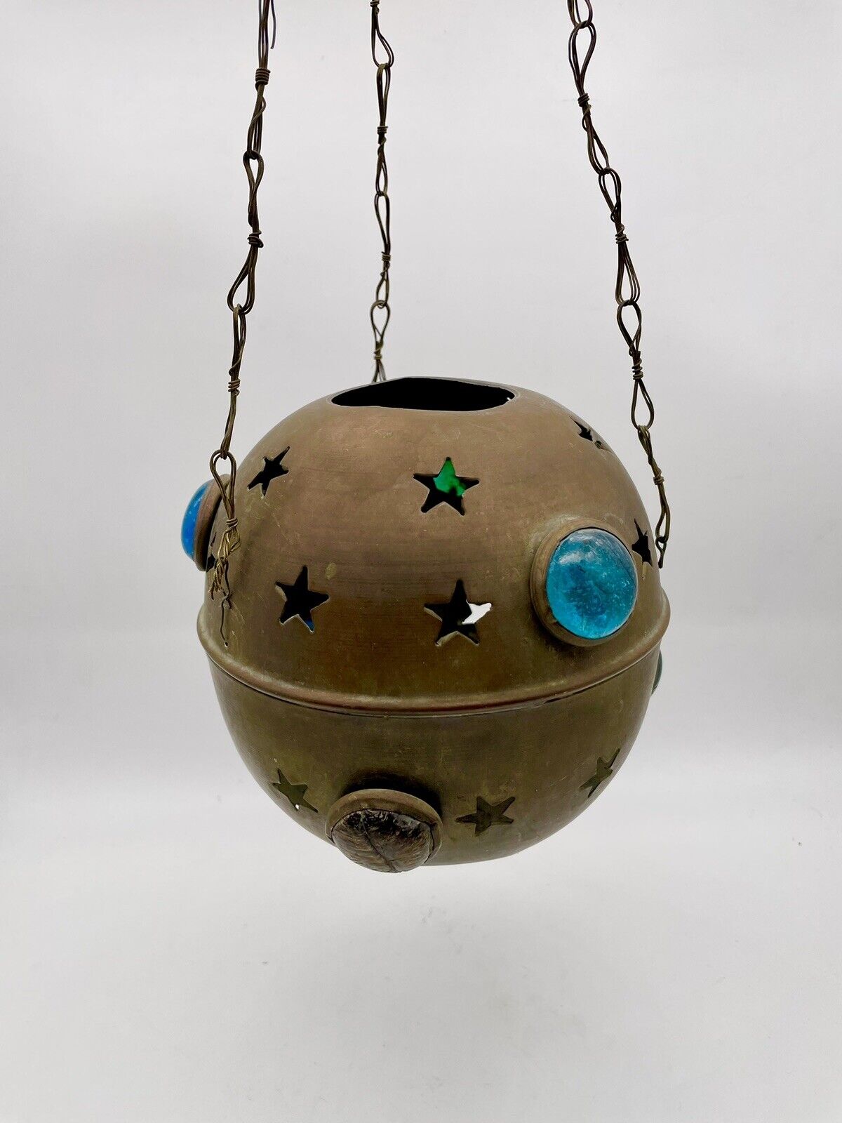Antique Moroccan Brass  Lantern  Jeweled  Hanging Candle Holder Incense Holder