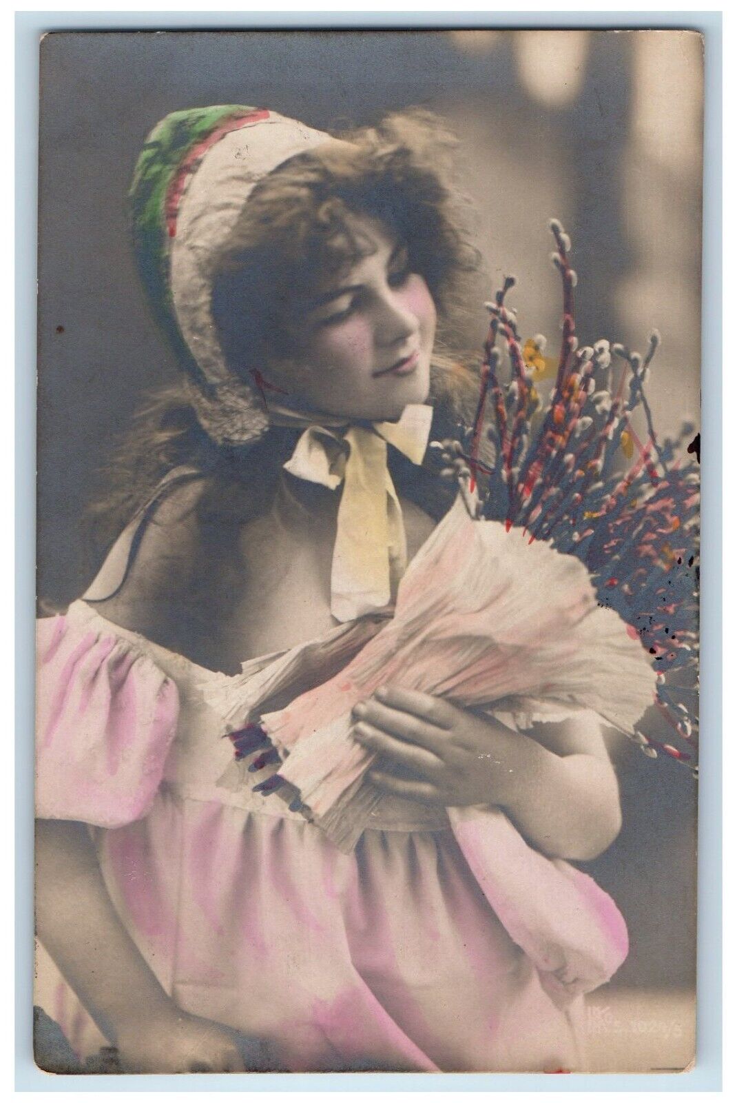 c1910\'s Easter Pretty Woman Pipe Berry Bundle Latvia Russia RPPC Photo Postcard