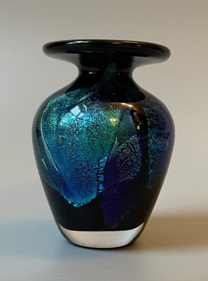 Small Art Studio Glass Vase, Iridescent Cobalt Blue, Signed, 3.25