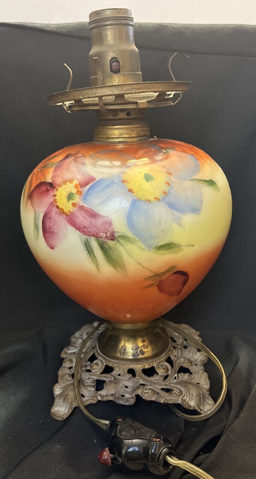 Antique Vintage Lamp Orange Yellow Floral Pansy Brass Metal Base Tested & Works