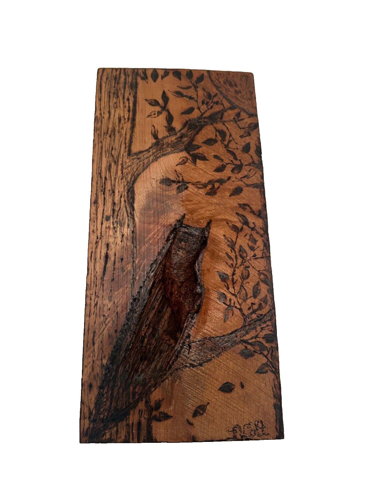 Vtg Folk Art Hand Carved Wood OWL NATURE Panel Mural Wall Plaque