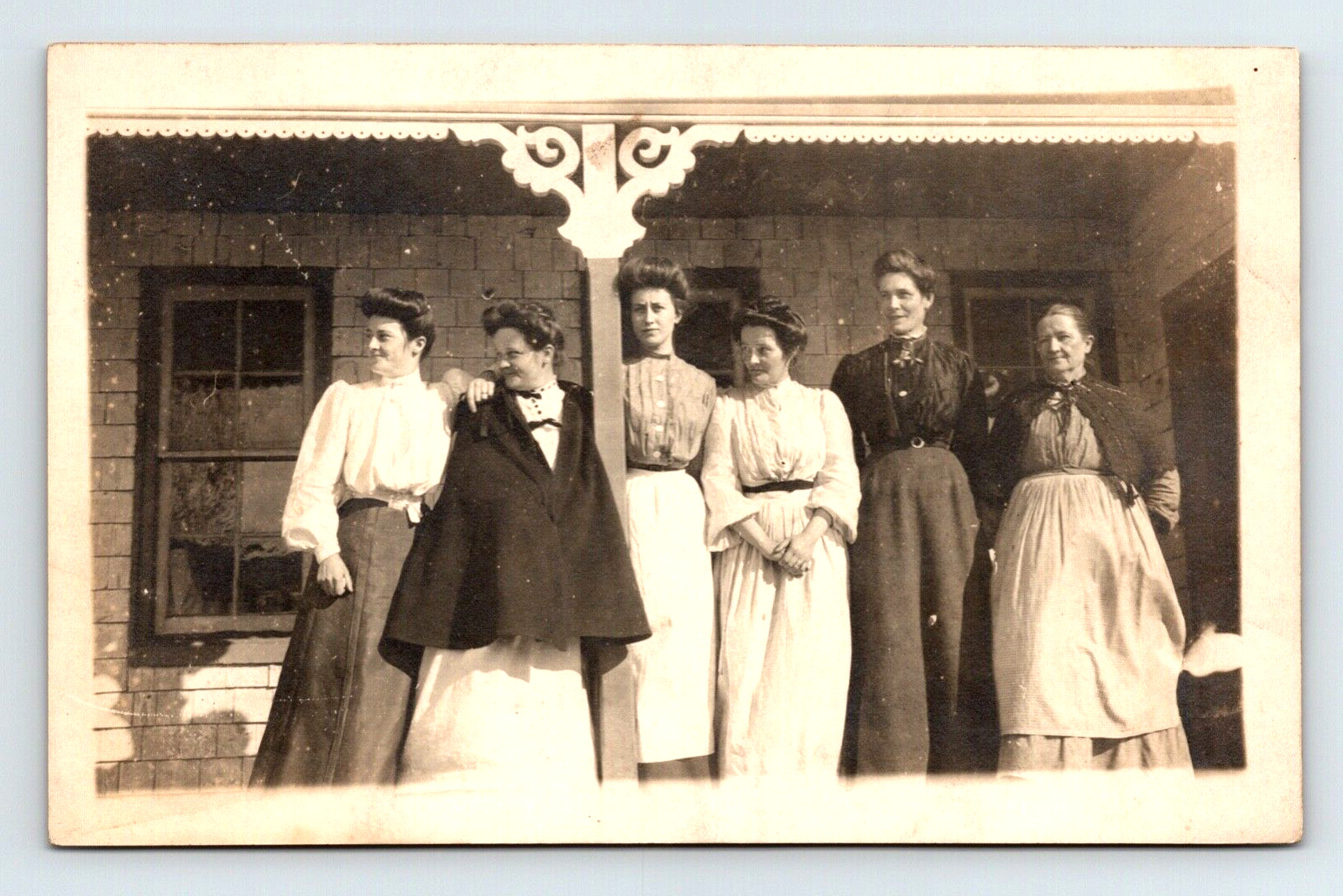 RPPC Six Women On Porch Hair-Do's Country Prairie Mormon Look P.UN. (Z175)