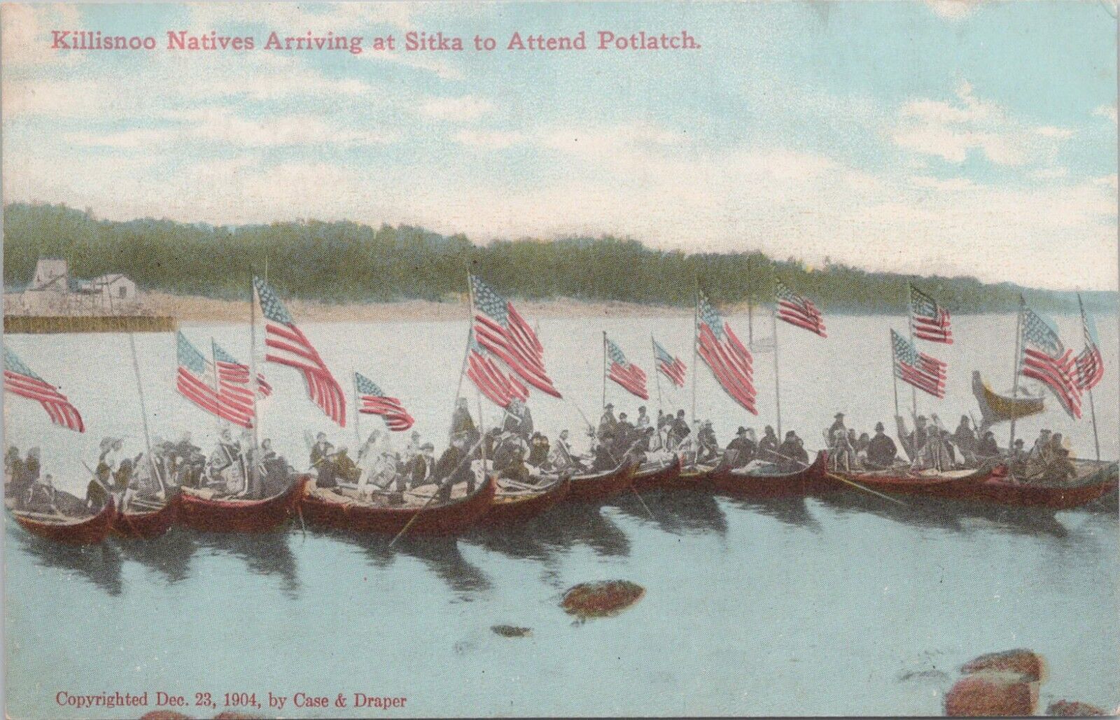 Lithograph-- Sitka Alaska Killisnoo Indians Arriving for Potlatch Ceremony 1904