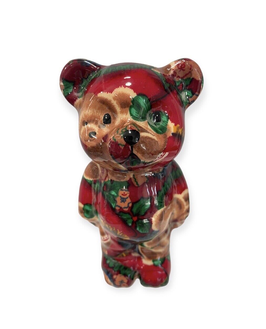 Joan Baker Holiday Teddy Bear Figurine Porcelain Patchwork  Red Brown Green VTG