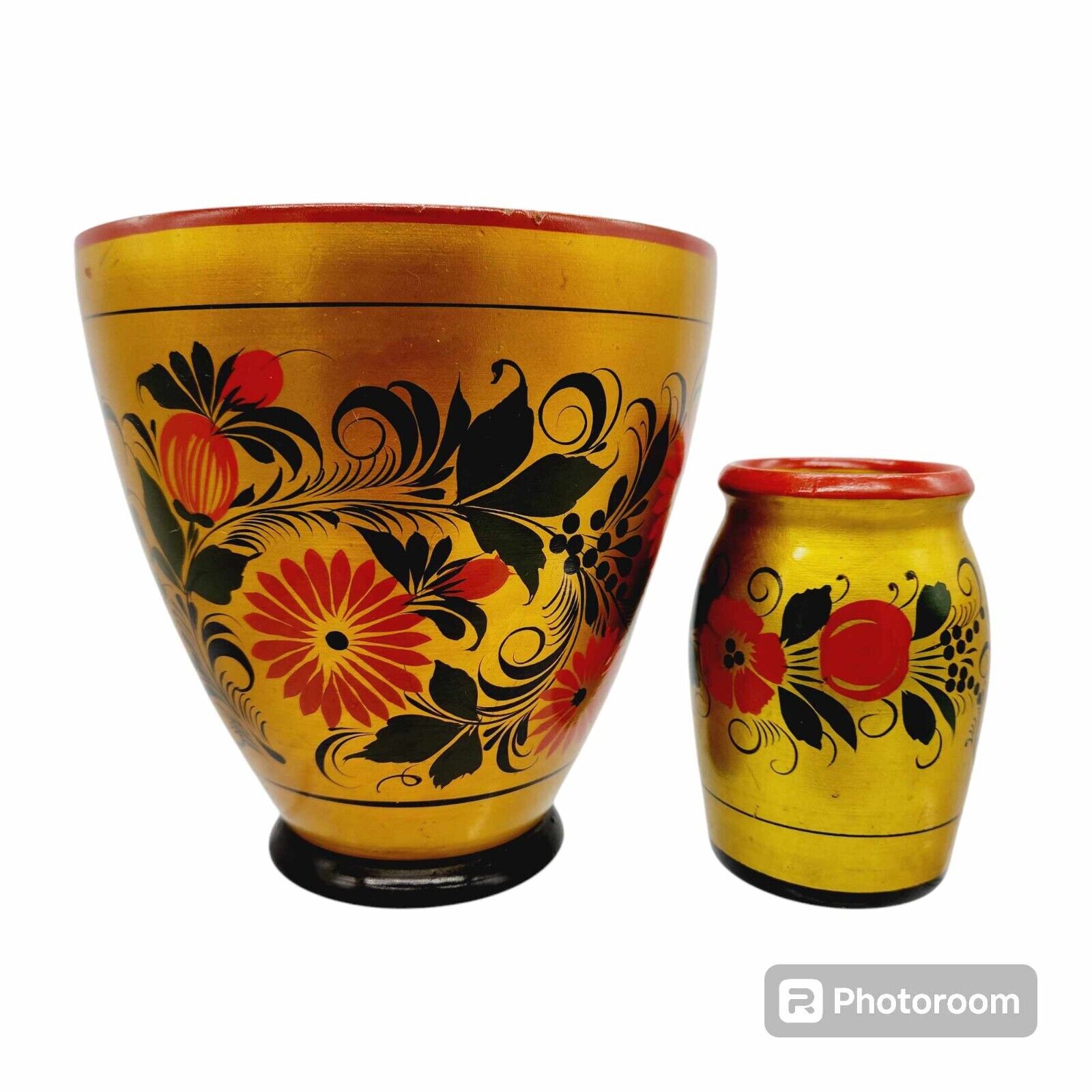 Vintage Khokhloma Russian Folk Art Hand Painted Lacquered Wood Vase & Pot Jar