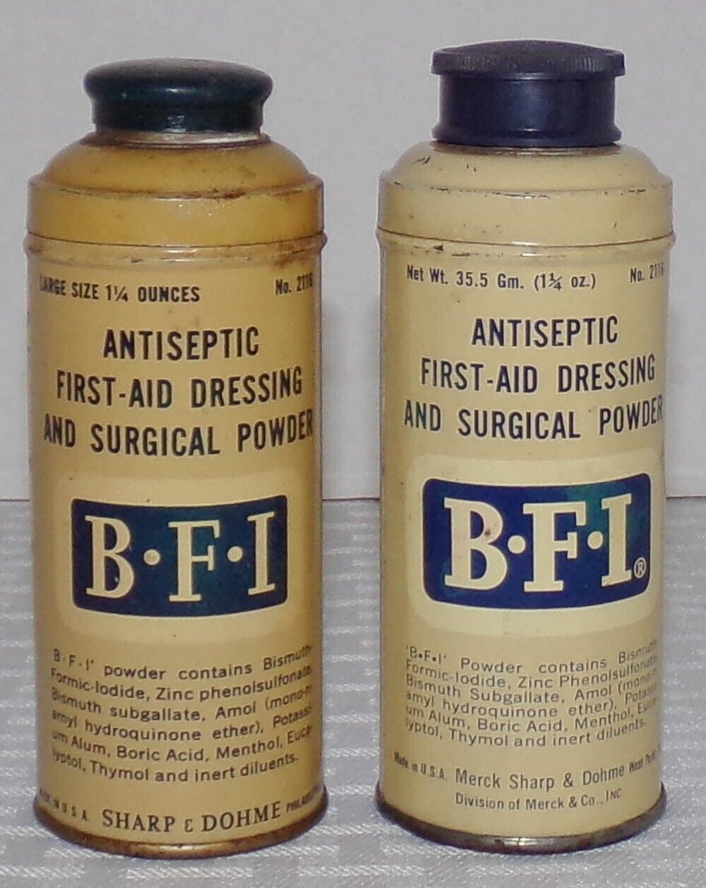 2 Vin. BFI Antiseptic First Aid Dressing Surg Powder 1 1/4 oz. Tins Some Content