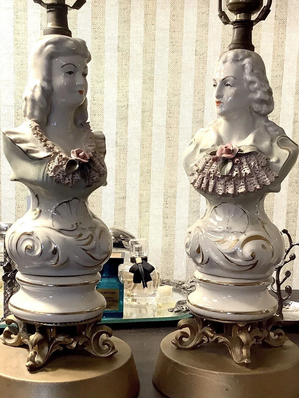 Pair 1940’s CORDEY Porcelain Lady & Gentleman Figural Boduoair Large Lamps