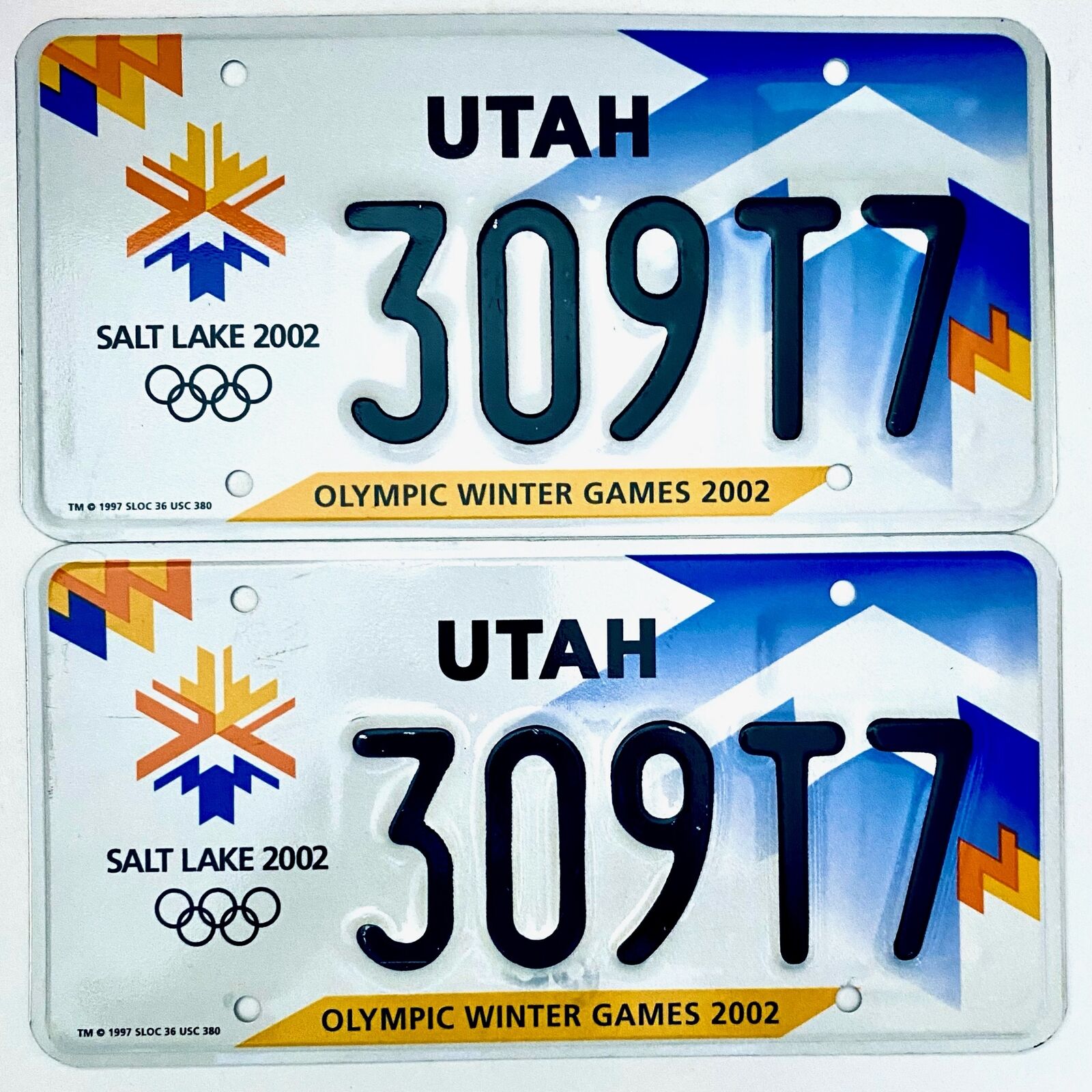 2002 United States Utah Olympic Winter Games Passenger License Plate 309T7