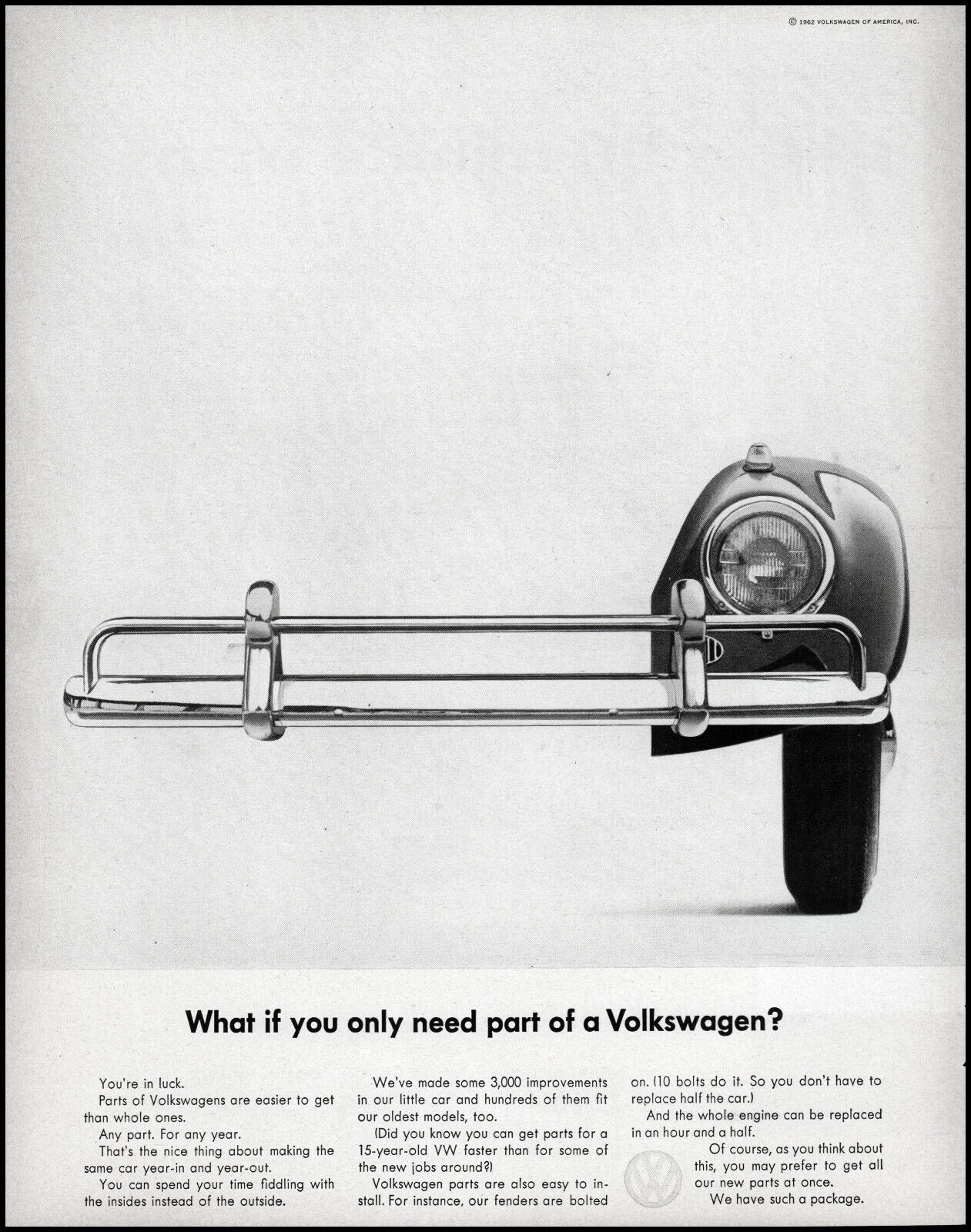 1962 Volkswagen Beetle parts of VW 3,000 improvements retro photo print ad  LA30