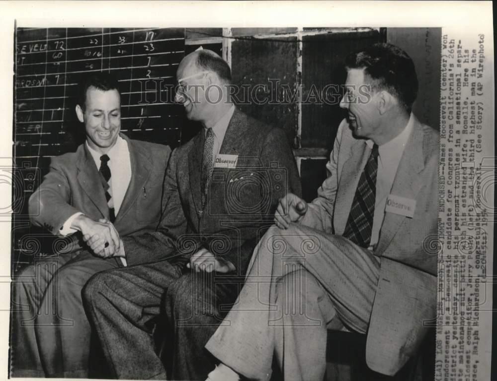 1954 Press Photo Jerry Pacht & Ralph Richardson congratulate James Roosevelt, CA
