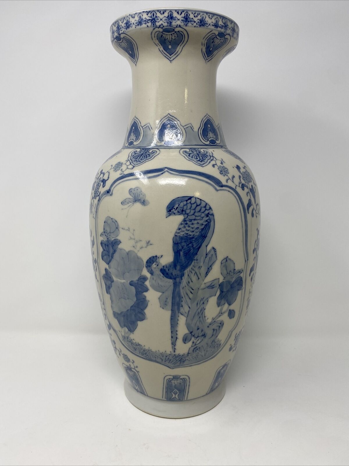Vintage Chinese Ceramic Pottery Vase Blue White Birds Flowers Ducks 16.75” Tall