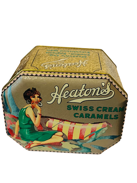 Heatons Candy Tin Swiss Cream Caramels Gold London England 1890 antique vtg lady