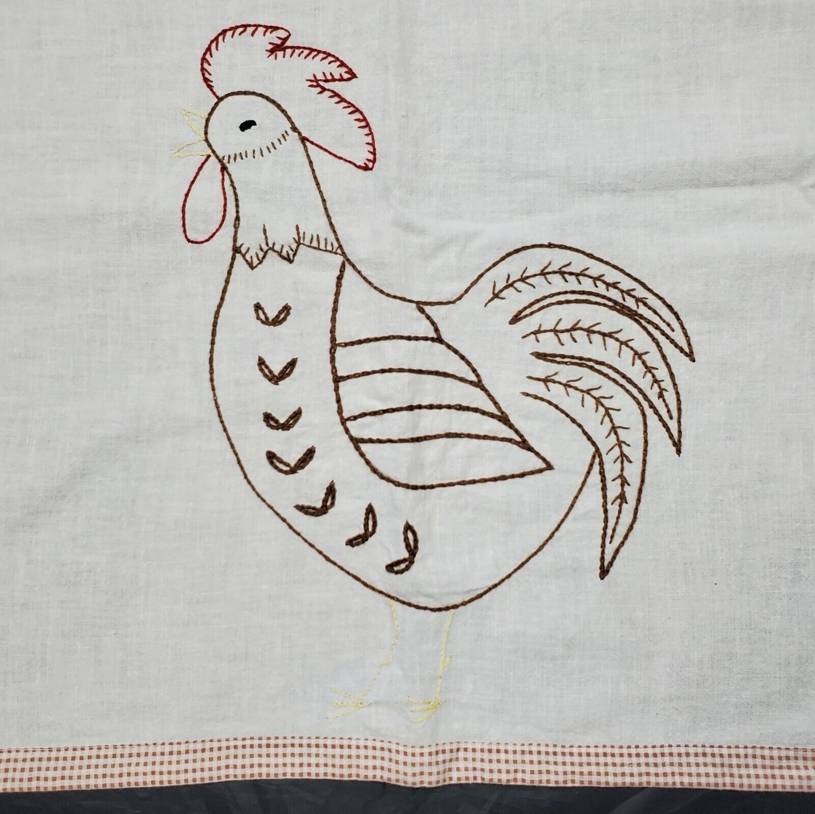 Vintage Embroidered Table Runner Rooster Farmhouse Country Plaid White 37\