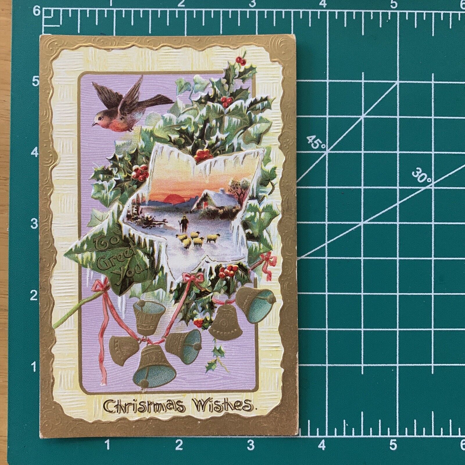 Antique Postcard Christmas Wishes 1910 Gilded Embossed Shepherd Robin Bells 