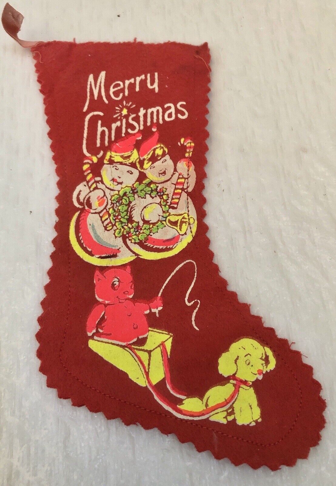 Vintage Felt Christmas Stocking Devil Dog Sled Snowmen Small Neon Mid Century