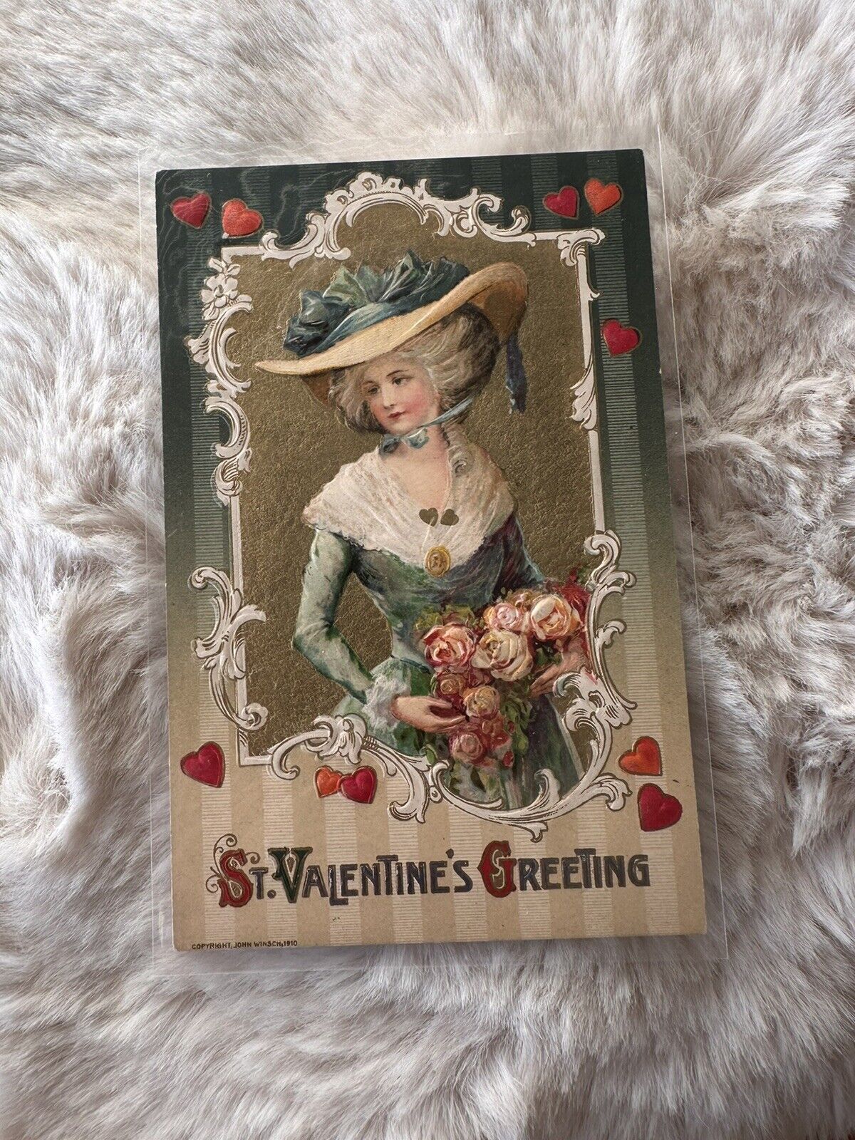 WINSCH VALENTINE’S DAY COLONIAL GLAMOUR LADY, ROSE POSTCARD
