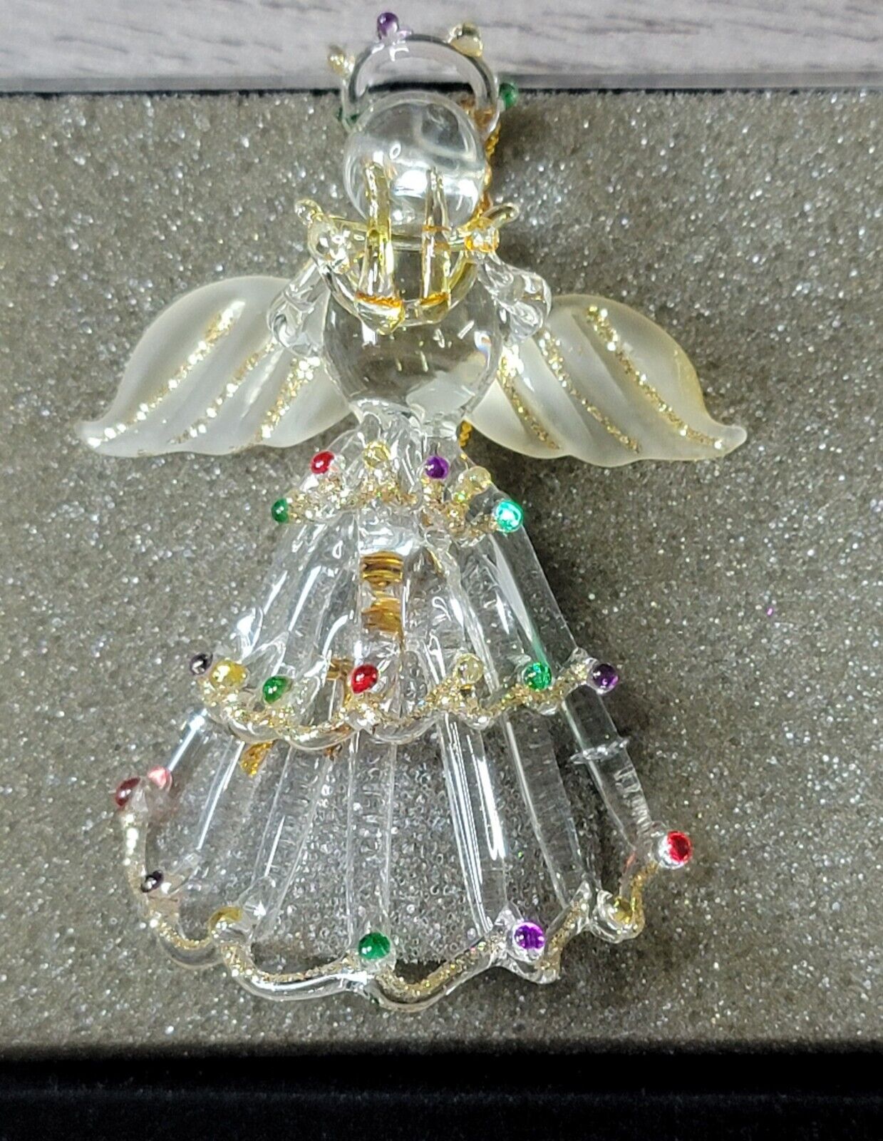 Vintage Hand Spun Glass Angel Ornament Gold Accents Colorful Dress 3