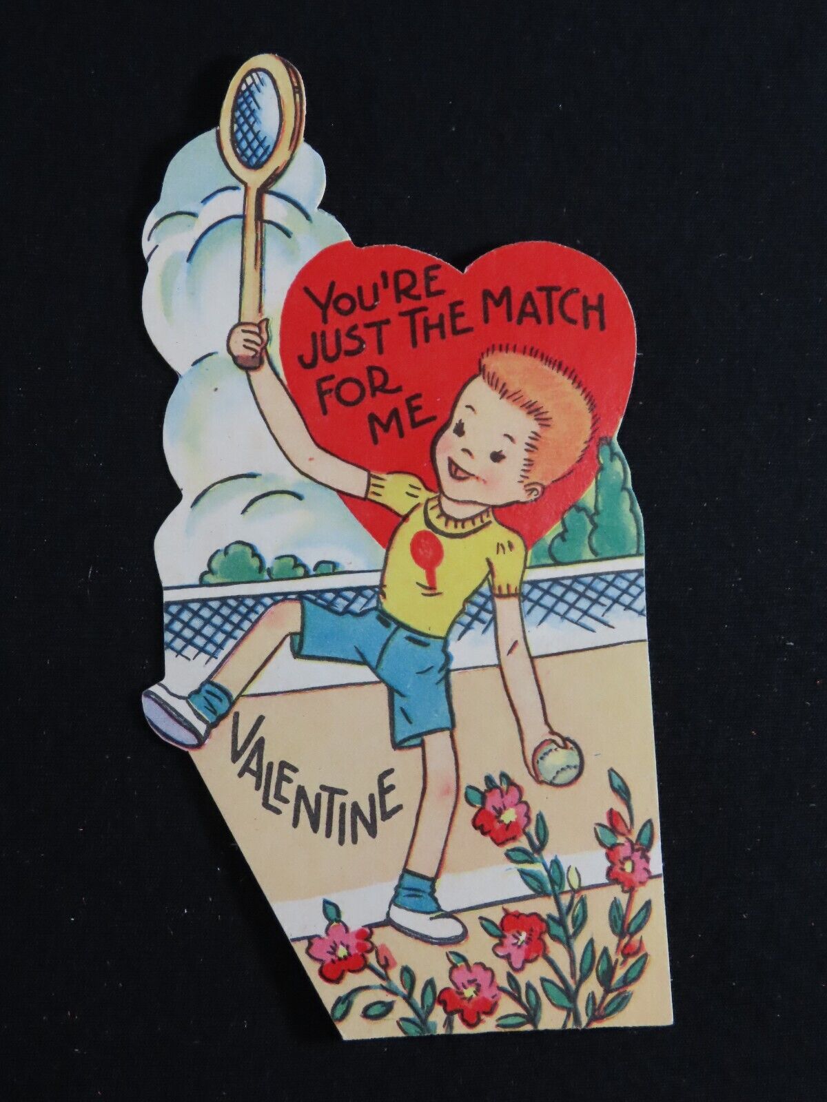 Vintage Valentines Day Card Die Cut Boy Playing Badminton Rare C1817